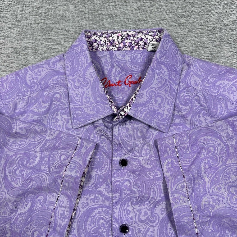 Robert Graham Shirt Mens XL Purple Paisley Classic Button Up Short Sleeve Preppy